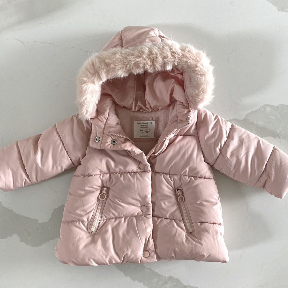 Zara Quilted Childrens Coat With Hood In Pink Size 12-18m